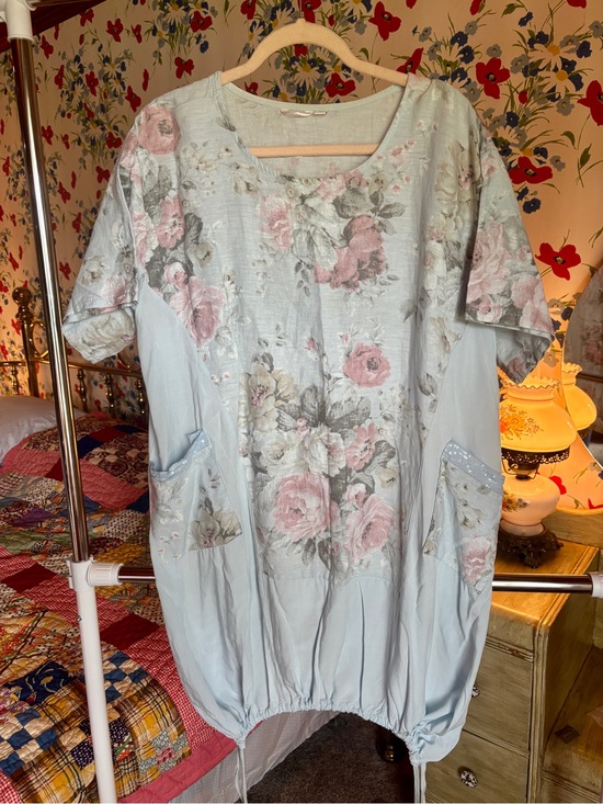 Kaytu Dresses & Skirts - fairycore blue floral linen blend tunic dress lagenlook cottagecore artsy boho L